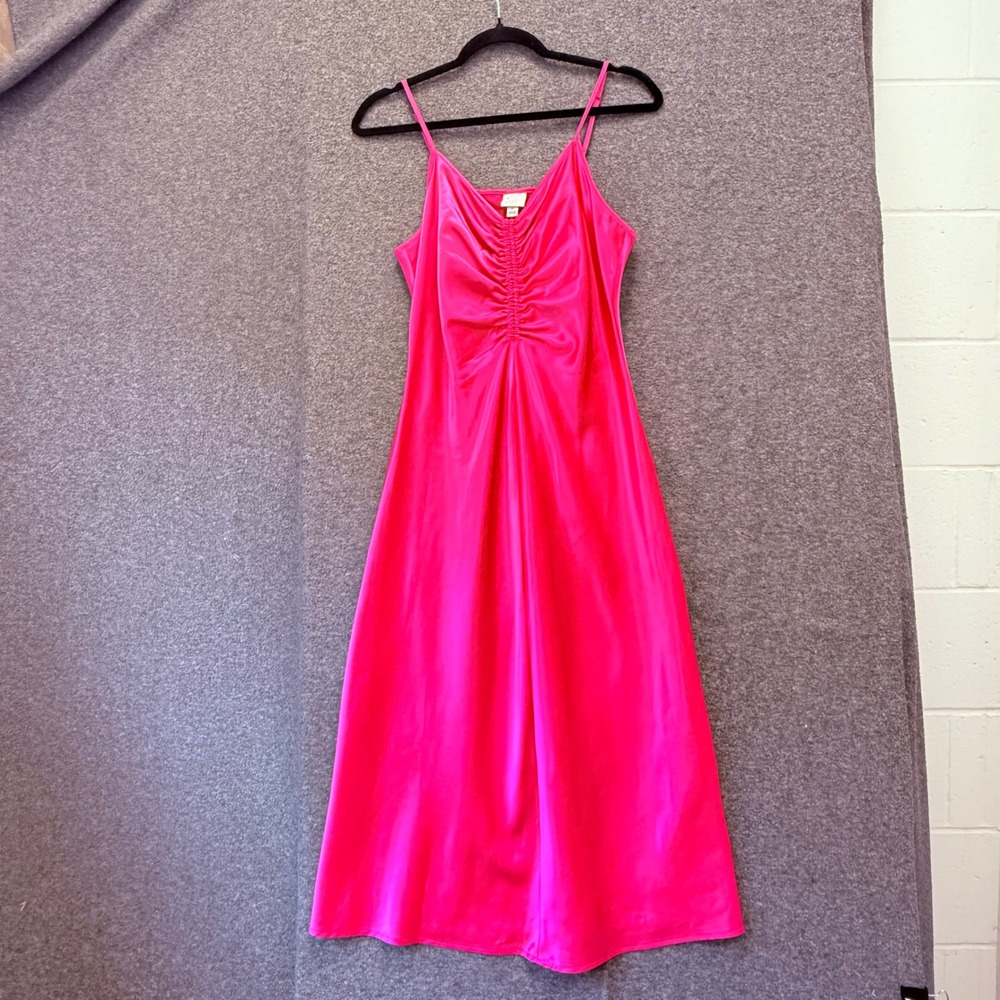 Satin Slip Dress Size M Fuschia Ruched Satin Midi Sleeveless Homecoming Formal